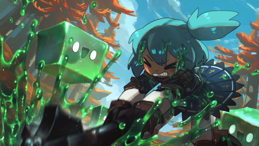 &gt;_&lt; 1girl absurdres blue_hair blue_sky clenched_teeth cloud commentary day english_commentary flanged_mace forest gelatinous_cube gloves highres mace nature original outdoors porforever short_hair side_ponytail sky slime_(creature) slime_(substance) solo teeth weapon