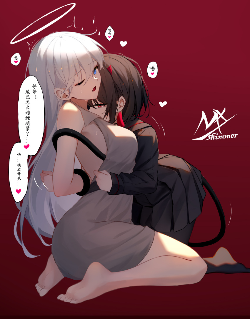 2girls absurdres angel_girl_(shimmer) arms_behind_back artist_name barefoot black-haired_demon_girl_(shimmer) black_hair black_pantyhose black_serafuku black_skirt blue_eyes bound bound_arms breasts full_body halo highres kneeling large_breasts long_hair multiple_girls one_eye_closed open_mouth original pantyhose red_background red_eyes school_uniform seiza serafuku shimmer short_hair simple_background sitting skirt toes translation_request very_long_tail white_hair yuri