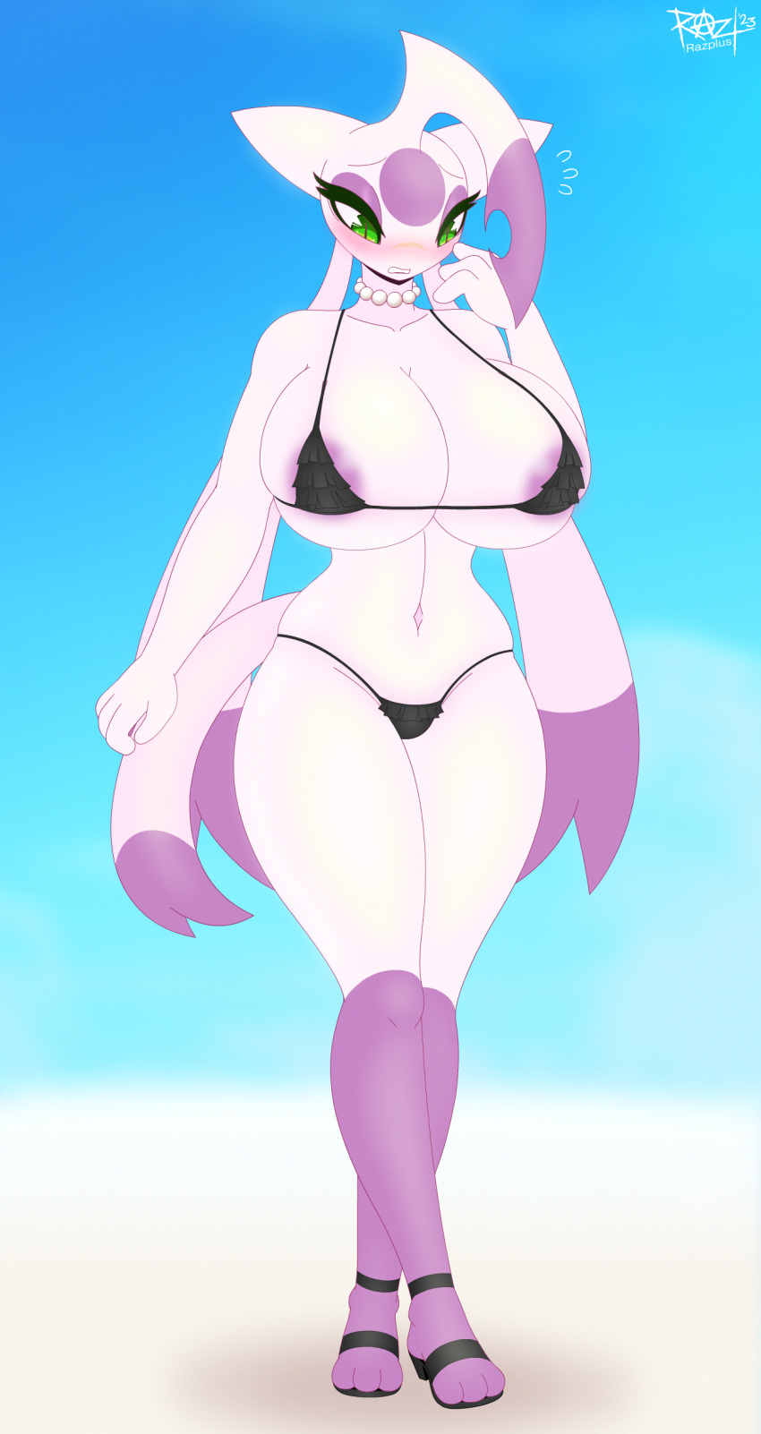 absurd_res anthro beach bikini blush breasts clothing female full-length_portrait gem generation_5_pokemon green_eyes hi_res jewelry lily_long mienshao necklace nintendo nipple_slip pearl_(gem) pearl_necklace pokemon pokemon_(species) portrait razplus seaside solo swimwear