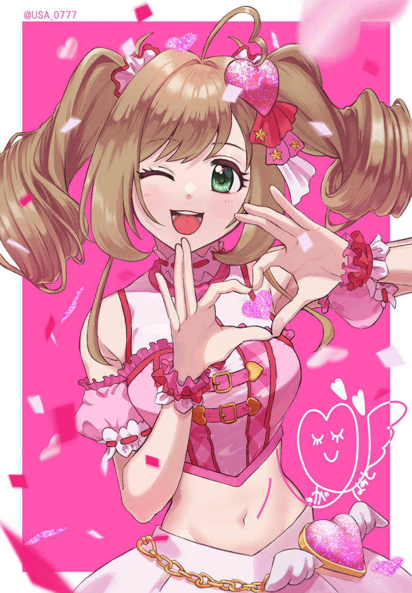 1girl absurdres ahoge bare_shoulders belly_chain blurry blurry_foreground blush bow breasts character_signature confetti crop_top cropped_shirt detached_sleeves dot_nose drill_hair finger_heart green_eyes grid_background hair_bow hair_ornament hair_scrunchie hands_up heart heart-shaped_ornament heart_hair_ornament highres idolmaster idolmaster_cinderella_girls idolmaster_cinderella_girls_starlight_stage jewelry large_breasts looking_at_viewer midriff navel one_eye_closed open_mouth pink_background pink_bow pink_ribbon pink_scrunchie pink_shirt pink_skirt pink_sleeves plaid plaid_shirt red_ribbon ribbon ribbon-trimmed_clothes ribbon_trim sato_shin scrunchie shirt skirt sleeveless sleeveless_shirt smile solo star_(symbol) star_hair_ornament teeth tongue twin_drills twintails twitter_username upper_body usama wing_ornament wrist_scrunchie