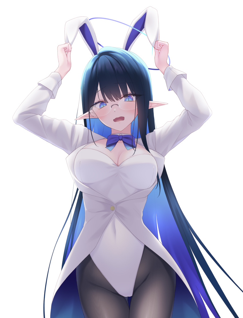 1girl absurdres animal_ears arms_up black_hair black_pantyhose blue_archive blue_eyes blue_hair blue_halo blush breasts cleavage coat colored_inner_hair covered_navel cowboy_shot detached_collar fake_animal_ears glasses halo highres large_breasts leotard long_hair long_sleeves midorino_eni multicolored_hair open_mouth pantyhose pointy_ears rabbit_ears rimless_eyewear rin_(blue_archive) simple_background solo strapless strapless_leotard two-sided_coat white_background white_coat white_leotard