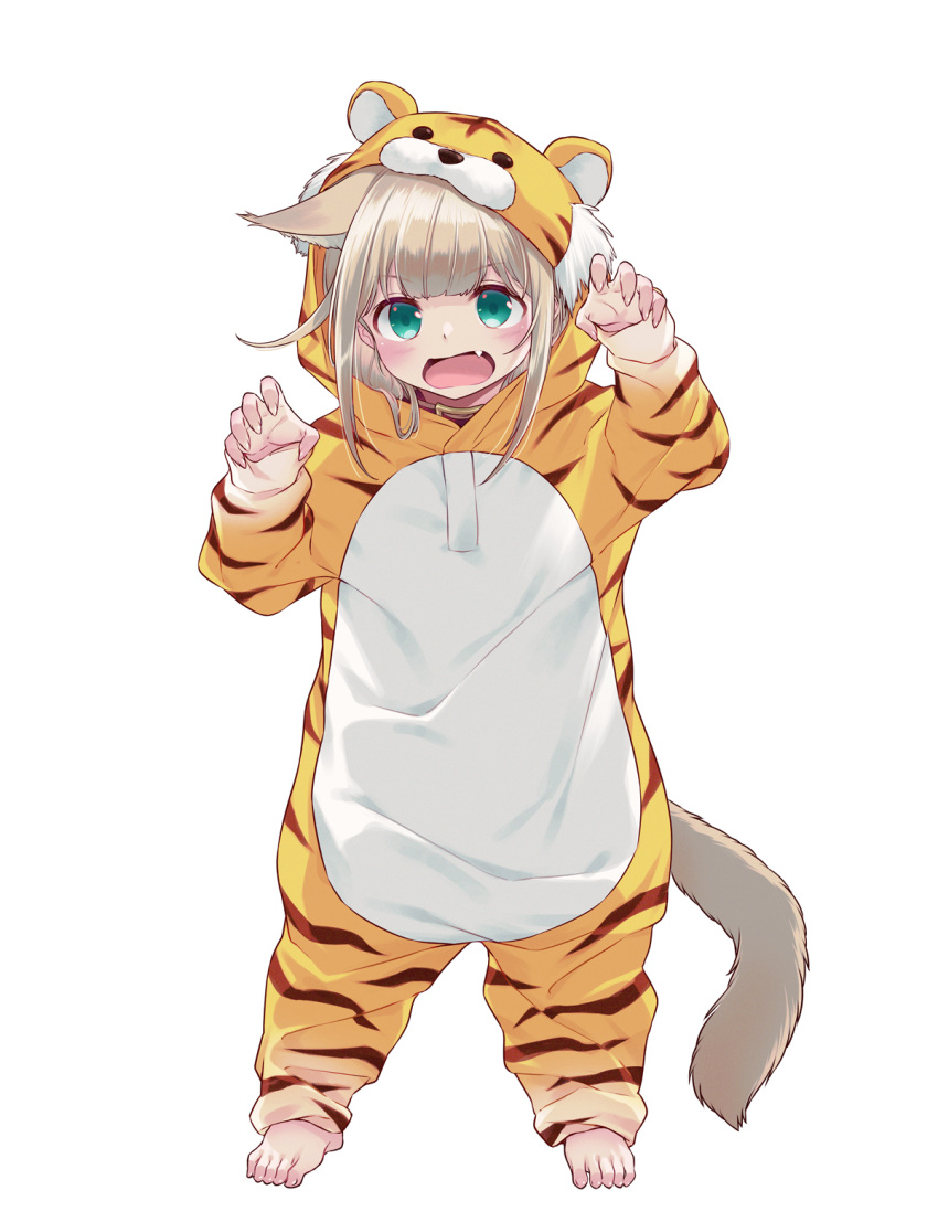 1girl 40hara animal_costume animal_ears animal_print barefoot cat_ears cat_tail fang green_eyes grey_hair highres hood kinako_(40hara) open_mouth original paw_pose solo tail tiger_costume tiger_print toes