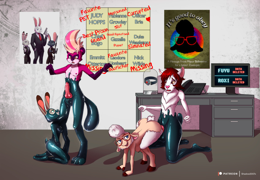 2017 all_fours anthro blonde_hair bovid brown_hair caprine collar colored computer dawn_bellwether digital_media_(artwork) disney domestic_ferret dominant dominant_female drone dronification eyewear female foursome fuyu_graycen gimp_suit glasses group group_sex hair hi_res highlights_(coloring) hybrid hypnosis judy_hopps lagomorph latex leporid living_latex male male/female mammal mind_control mustelid musteline office pink_highlights rabbit roxi_(latexity) rubber sex shadow2007x sheep shock_collar spiral_eyes submissive submissive_male true_musteline uncensored weasel zootopia