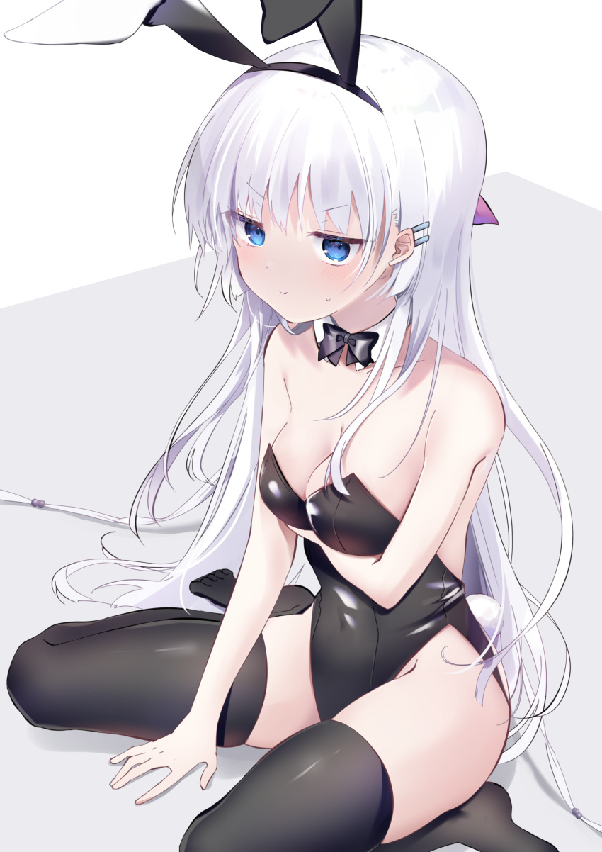1girl :t absurdres animal_ears arm_under_breasts bare_arms bare_shoulders between_legs black_bow black_bowtie black_leotard black_thighhighs blue_eyes blush bow bowtie breasts cleavage collar commentary detached_collar embarrassed eyelashes fake_animal_ears feet hair_between_eyes hair_ornament hair_over_shoulder hair_ribbon hair_spread_out hairclip hand_between_legs highres knees_out_of_frame leotard long_hair looking_at_viewer medium_breasts naruse_shiroha no_shoes pink_ribbon playboy_bunny pout rabbit_ears ribbon shiny_clothes sidelocks simple_background sitting skindentation solo summer_pockets sweatdrop thighhighs thighs toes upturned_eyes v-shaped_eyebrows very_long_hair wariza white_background white_collar white_hair yutori_z71