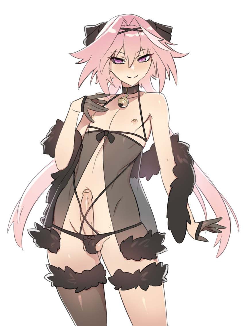 1boy :&gt; astolfo_(fate) babydoll bell black_babydoll black_panties black_thighhighs collar crossdressing erection fate/apocrypha fate_(series) flat_chest fur_trim gloves highres lingerie male_focus mokotoko9 multicolored_hair neck_bell nipples otoko_no_ko panties penis pink_hair purple_eyes see-through_babydoll simple_background single_thighhigh smile solo streaked_hair thighhighs thighlet underwear