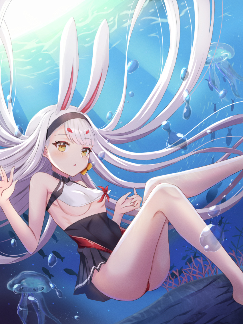1girl animal_ears ass azur_lane bare_legs bare_shoulders black_dress black_hairband blush breasts clothed_bath crop_top diving dress fish habu_rin hair_between_eyes hairband highres jellyfish knees_together_feet_apart knees_up leg_up long_hair looking_at_viewer medium_breasts no_bra ocean open_mouth outdoors rabbit_ears rabbit_girl shimakaze_(azur_lane) sleeveless small_breasts solo staring underboob underwater upskirt very_long_hair white_hair yellow_eyes