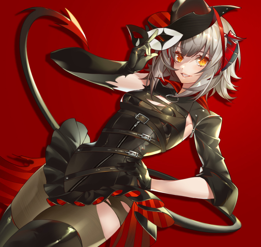 1girl arknights asymmetrical_gloves belt black_belt black_dress black_gloves black_headwear black_thighhighs breasts cleavage commentary_request cowboy_shot dress elbow_gloves gloves grey_hair grin hand_up highres holding holding_mask horns long_sleeves looking_at_viewer mask official_alternate_costume red_background short_hair simple_background single_sleeve smile solo standing tail thighhighs vieny w_(arknights) yellow_eyes