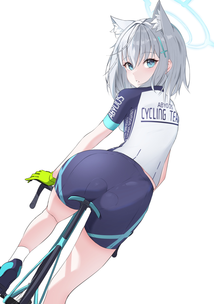 1girl :o absurdres animal_ears ass bicycle bike_shorts blue_archive cross_hair_ornament dutch_angle extra_ears from_behind grey_hair ground_vehicle hair_ornament halo highres looking_at_viewer looking_back mj_(xmj0309) riding riding_bicycle riding_outfit shiroko_(blue_archive) shiroko_(cycling)_(blue_archive) simple_background solo white_background wolf_ears