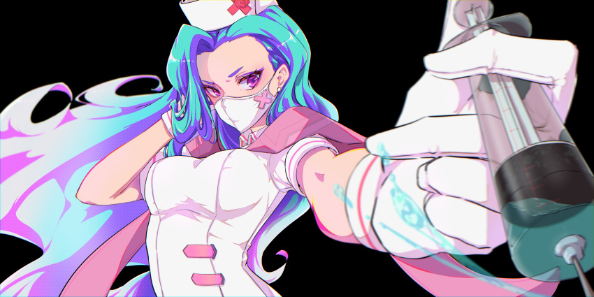 1girl absurdres blue_hair breasts cross estelle_(omega_strikers) gloves gradient_hair hat highres holding holding_syringe long_hair mask mouth_mask multicolored_hair nurse nurse_cap omega_strikers outstretched_arm pokechun29 purple_eyes purple_hair simple_background solo syringe white_gloves
