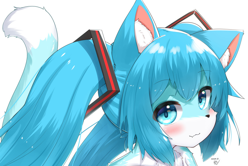 2023 absurd_res alternate_species anthro blush digital_media_(artwork) domestic_cat felid feline felis female female_anthro fur furrification hair hatsune_miku hi_res horokusa0519 inner_ear_fluff kemono looking_at_viewer mammal nude smile smiling_at_viewer solo tail tuft twintails_(hairstyle) vocaloid