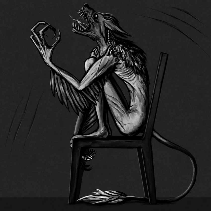 1:1 4_ears anthro avali chair claws creepy feathers furniture hi_res male monochrome multi_ear on_chair open_mouth scary scary_face screaming simple_background sitting sitting_on_chair slim solo teeth tiskanomicon tongue vodim winged_arms wings