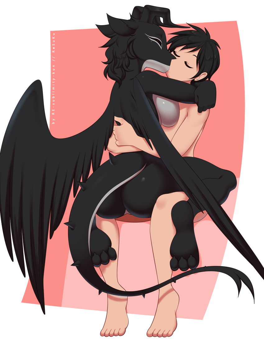 anthro black_body black_hair breasts butt dragon duo embrace eyes_closed feathered_wings feathers female female_on_human from_front_position hair hi_res horn hug human human_on_anthro interspecies intimate kissing male male/female male_on_anthro mammal mastery_position nude re-sublimity-kun romantic romantic_couple sex sitting spiked_tail spikes spikes_(anatomy) wings