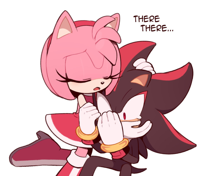 1boy 1girl amy_rose bracelet closed_eyes comforting dress feet_out_of_frame gloves hairband head_hug highres hug jewelry kneeling long_eyelashes red_dress red_eyes red_footwear red_hairband shadow_the_hedgehog sitting sonic_(series) tearing_up toonsite white_background white_gloves