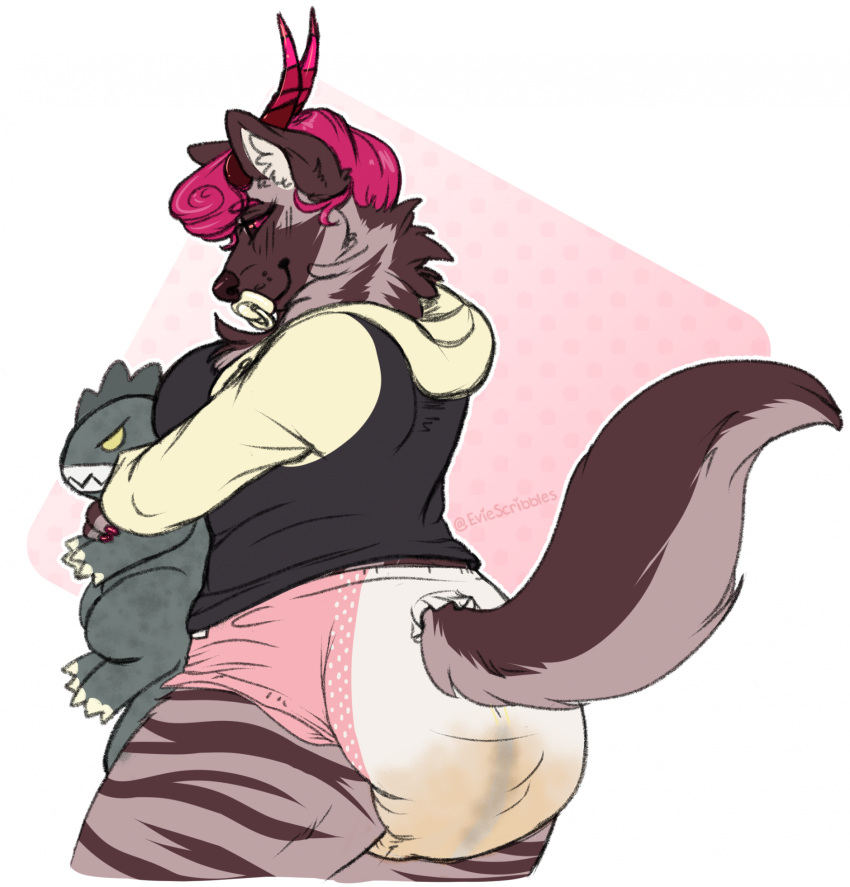 anthro black_sclera blush blush_lines bri_(kalash) canid canid_demon clothing curled_hair demon diaper eviescribbles feces female hair hellhound hi_res holding_object holding_plushie hoodie hyena mammal messy_diaper object_in_mouth pacifier pacifier_in_mouth pink_hair plushie side_view smile soiled_diaper soiling solo stripes thick_thighs topwear