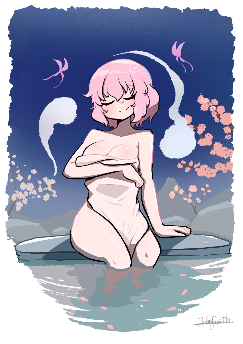 1girl absurdres bathing blush branch breasts bug butterfly cherry_blossoms cleavage closed_eyes flower ghost highres hitodama john_(a2556349) large_breasts naked_towel onsen partially_submerged pink_flower pink_hair saigyouji_yuyuko short_hair smile soaking_feet solo touhou towel tree wavy_hair