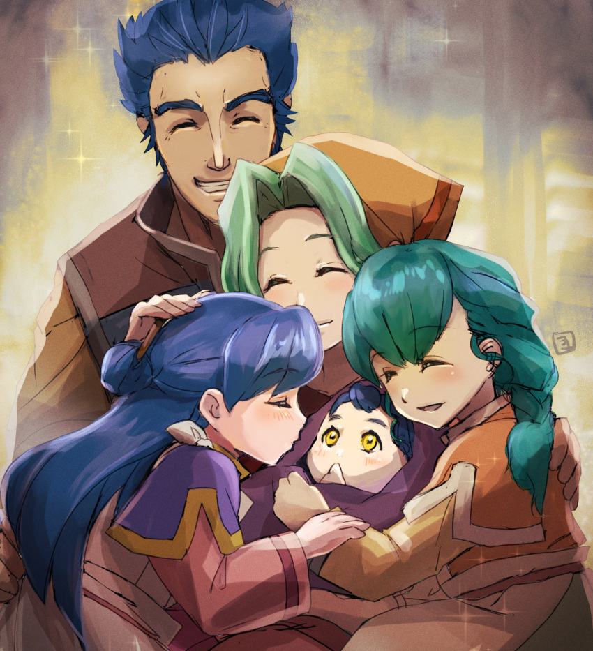 2boys 3girls baby blue_hair blush brown_shirt effa_(honzuki_no_gekokujou) family green_hair gunther_(honzuki_no_gekokujou) hair_ornament hair_stick highres holding honzuki_no_gekokujou kamil_(honzuki_no_gekokujou) long_hair looking_at_another maine_(honzuki_no_gekokujou) multiple_boys multiple_girls okamoto_setsura shirt sideburns smile tuuli_(honzuki_no_gekokujou) yellow_eyes