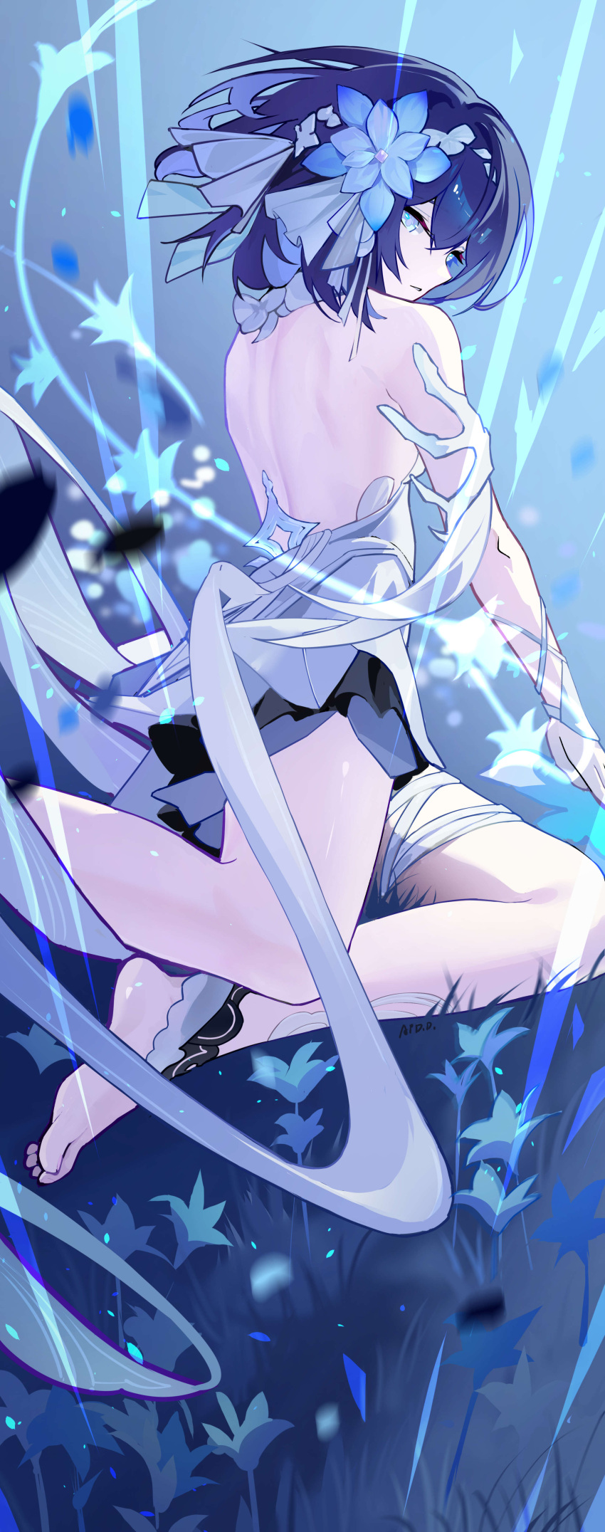 1girl absurdres ai_dongdong back backless_dress backless_outfit bare_shoulders barefoot black_hair blue_eyes blue_flower bow detached_sleeves dress flower from_behind grass hair_between_eyes hair_bow hair_flower hair_ornament highres honkai_(series) honkai_impact_3rd looking_at_viewer lying median_furrow on_side seele_vollerei seele_vollerei_(herrscher_of_rebirth) short_hair sidelocks sitting solo strapless strapless_dress thighs white_bow white_dress white_sleeves