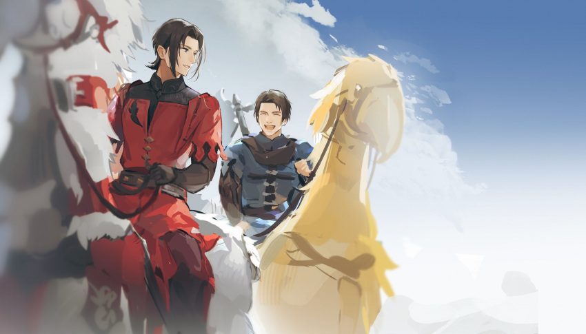 aged_down arashiko_falcom axe beak black_hair blue_sky brothers byron_rosfield chocobo elwin_rosfield final_fantasy final_fantasy_xvi gloves happy highres looking_back open_mouth riding scarf siblings sky smile weapon weapon_on_back