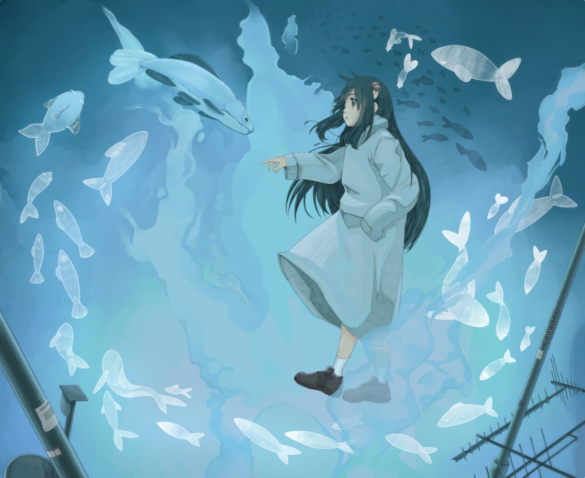 1girl artist_name black_hair blue_coat blue_theme brown_footwear coat fish flying_fish full_body highres long_hair long_sleeves mushroom mushroom_on_head shimeji_simulation socks solo takoto tsukushima_shijima utility_pole white_socks