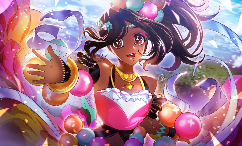 1girl bare_shoulders bgolden03 bracelet dark-skinned_female dark_skin eyeshadow fire_emblem fire_emblem_engage gold_necklace high_ponytail highres jewelry looking_at_viewer makeup necklace pearl_bracelet pearl_hair_ornament pink_eyeliner pink_eyeshadow solo star-shaped_pupils star_(symbol) symbol-shaped_pupils timerra_(fire_emblem)