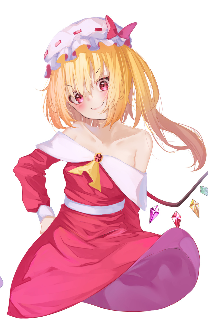 1girl alternate_costume ascot bare_shoulders blonde_hair blush brooch closed_mouth collarbone crystal dress flandre_scarlet hand_on_own_hip hat hat_ribbon head_tilt highres jewelry long_hair long_sleeves looking_at_viewer multicolored_wings off-shoulder_dress off_shoulder one_side_up red_brooch red_dress red_eyes red_ribbon ribbon ribbon-trimmed_headwear ribbon_trim simple_background smile solo tachibana_shiori_(suica_112) touhou upper_body v-shaped_eyebrows white_background white_headwear wings yellow_ascot