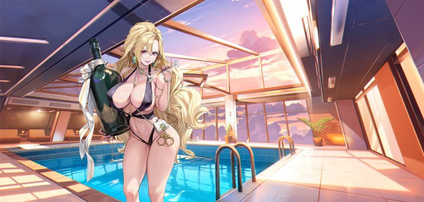 1girl armlet bag bikini black_bikini blonde_hair bottle bracelet breasts bust_cup chain_necklace cleavage cloud cloudy_sky collarbone covered_nipples cropped_legs cuffs cup deck_chair earrings fern gem glass_bottle hair_between_eyes handbag handcuffs highres holding holding_bottle holding_cup huge_breasts indoors jewelry last_origin linea_alba lipstick long_hair looking_at_viewer makeup nail_polish navel necklace o-ring o-ring_bikini official_alternate_costume official_art parted_lips pinkmill plant pool potted_plant pouring pouring_onto_self purple_eyes purple_lips purple_nails ribbon sadius_of_retribution simple_background sky sling_bikini_top standing sunset swimsuit tachi-e thick_thighs thighs third-party_source transparent_background v-shaped_eyebrows white_ribbon window