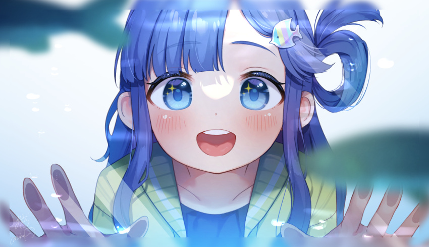 1girl against_glass aquarium asari_nanami blue_eyes blue_hair blush close-up fish fish_hair_ornament green_jacket hair_ornament hair_rings highres idolmaster idolmaster_cinderella_girls jacket long_hair looking_at_viewer nekonomimi open_mouth smile solo sparkling_eyes teeth upper_teeth_only