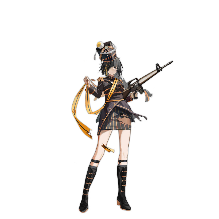 1girl black_bra black_dress black_footwear black_hair black_socks blonde_hair blunt_bangs boots bra breasts clenched_hand closed_mouth colored_shoe_soles dress epaulettes eyepatch full_body girls'_frontline grey_eyes gun hat hat_feather highres holding holding_gun holding_weapon knee_boots kneehighs light_frown long_hair looking_at_viewer m16a1 m16a1_(blazing_sun_on_the_ruins)_(girls'_frontline) m16a1_(girls'_frontline) marching_band medium_breasts multicolored_hair nunuan official_alternate_costume official_art pinstripe_pattern pinstripe_skirt scar scar_across_eye shako_cap simple_background skirt socks solo standing streaked_hair striped torn_clothes torn_dress torn_skirt transparent_background trigger_discipline underwear weapon