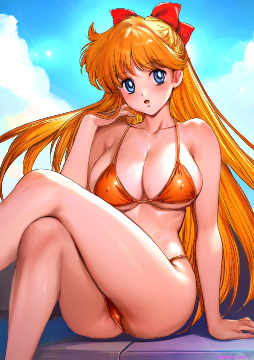 1girl aino_minako arm_support artist_name bare_arms bare_shoulders bikini bishoujo_senshi_sailor_moon blonde_hair blue_eyes blue_sky bow breasts cleavage cloud cloudy_sky collarbone covered_nipples crossed_legs day hair_bow hair_ornament hand_up highleg highleg_bikini highres large_breasts long_hair looking_at_viewer open_mouth orange_bikini outdoors oyaman signature simple_background sitting sky swimsuit thighs