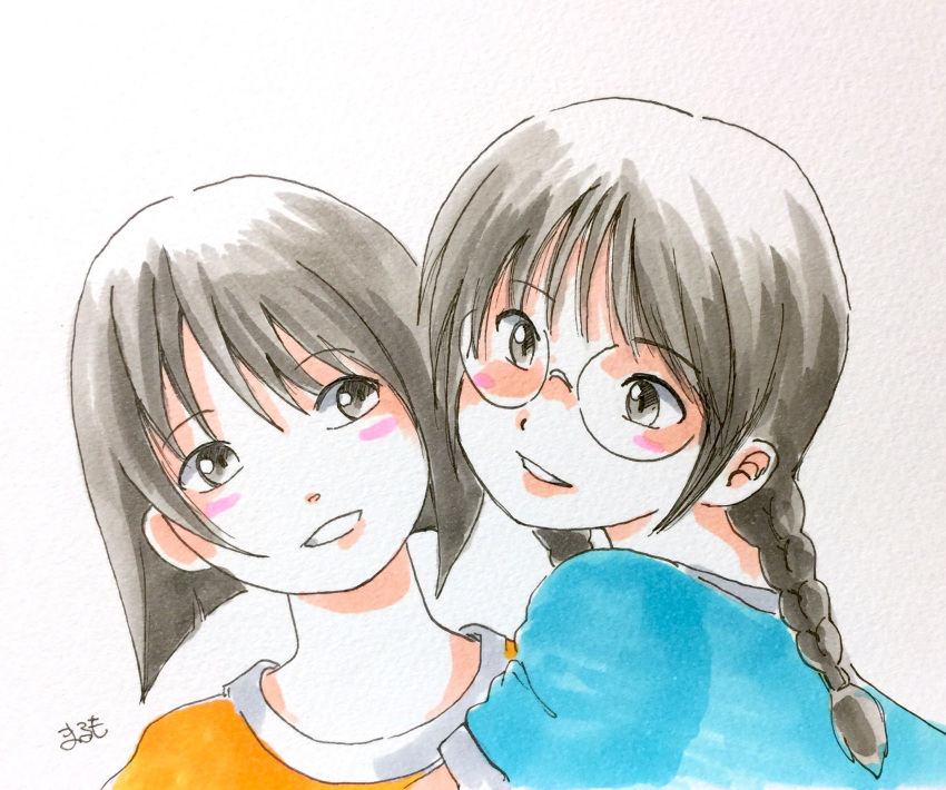 2girls artist_name braid chibi_maruko-chan glasses highres marker_(medium) marumo_516 multiple_girls traditional_media twin_braids white_background