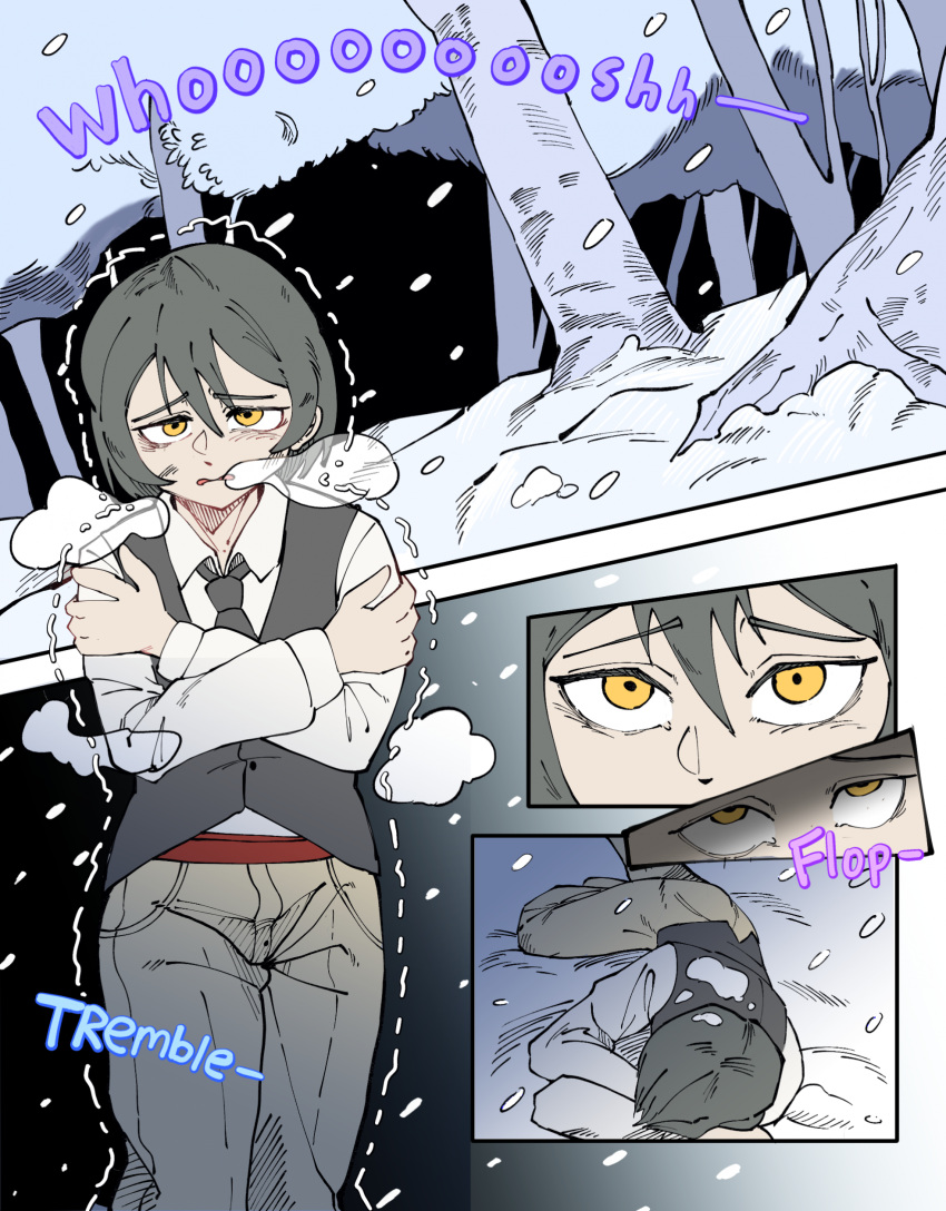 black_hair clothed clothing cold forest gender_transformation hair hi_res human male mammal mtf_transformation passing_out plant pre-transformation snow snowing solo species_transformation transformation tree yellow_eyes zneazel