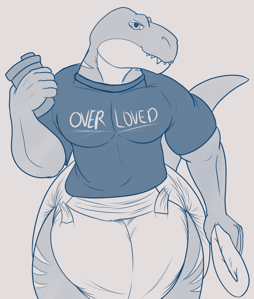 absurd_res anthro big_diaper clean_diaper diaper dinosaur extremius_amphibious hi_res holding_diaper looking_at_viewer male muscular protein_shake reptile scalie solo theropod touching_diaper tyrannosaurid tyrannosaurus tyrannosaurus_rex