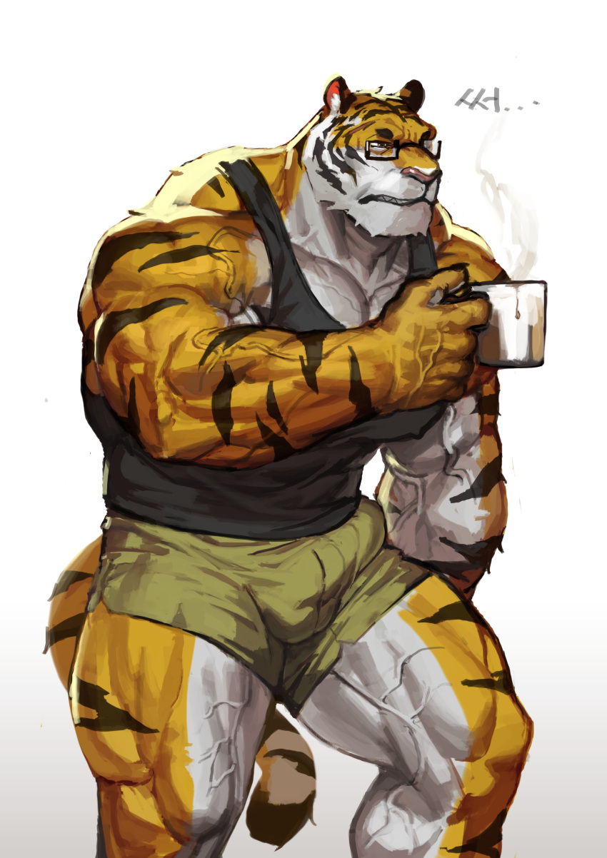 absurd_res anthro balls_outline beverage bulge coffee coffee_mug detailed_bulge eyewear felid genital_outline glasses hi_res male mammal muscular muscular_anthro muscular_male pantherine penis_outline solo striped_body stripes tiger traver009 vein veiny_muscles