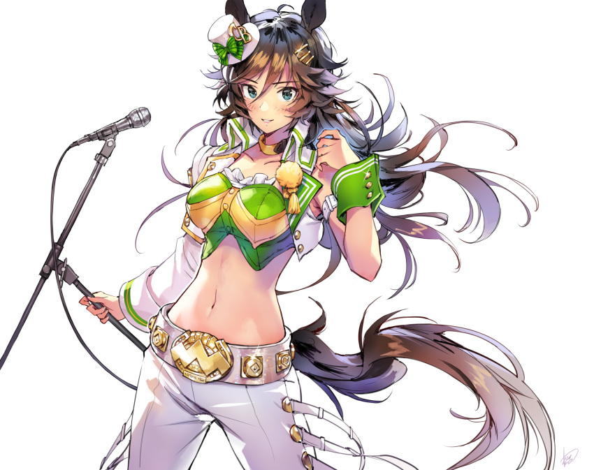 1girl ahoge animal_ears bangs blush breasts brown_hair choker collarbone commentary cowboy_shot crop_top cropped_jacket floating_hair green_eyes green_shirt groin hair_between_eyes hair_ornament hairclip hand_up hat highres holding holding_microphone_stand horse_ears horse_girl horse_tail jacket long_hair long_sleeves looking_at_viewer matsuda_(matsukichi) medium_breasts microphone microphone_stand midriff mini_hat mini_top_hat mr._c.b._(umamusume) navel open_clothes open_jacket pants parted_lips shirt sidelocks simple_background single_bare_shoulder single_sleeve smile solo standing strapless strapless_shirt tail top_hat umamusume white_background white_pants wrist_cuffs yellow_choker