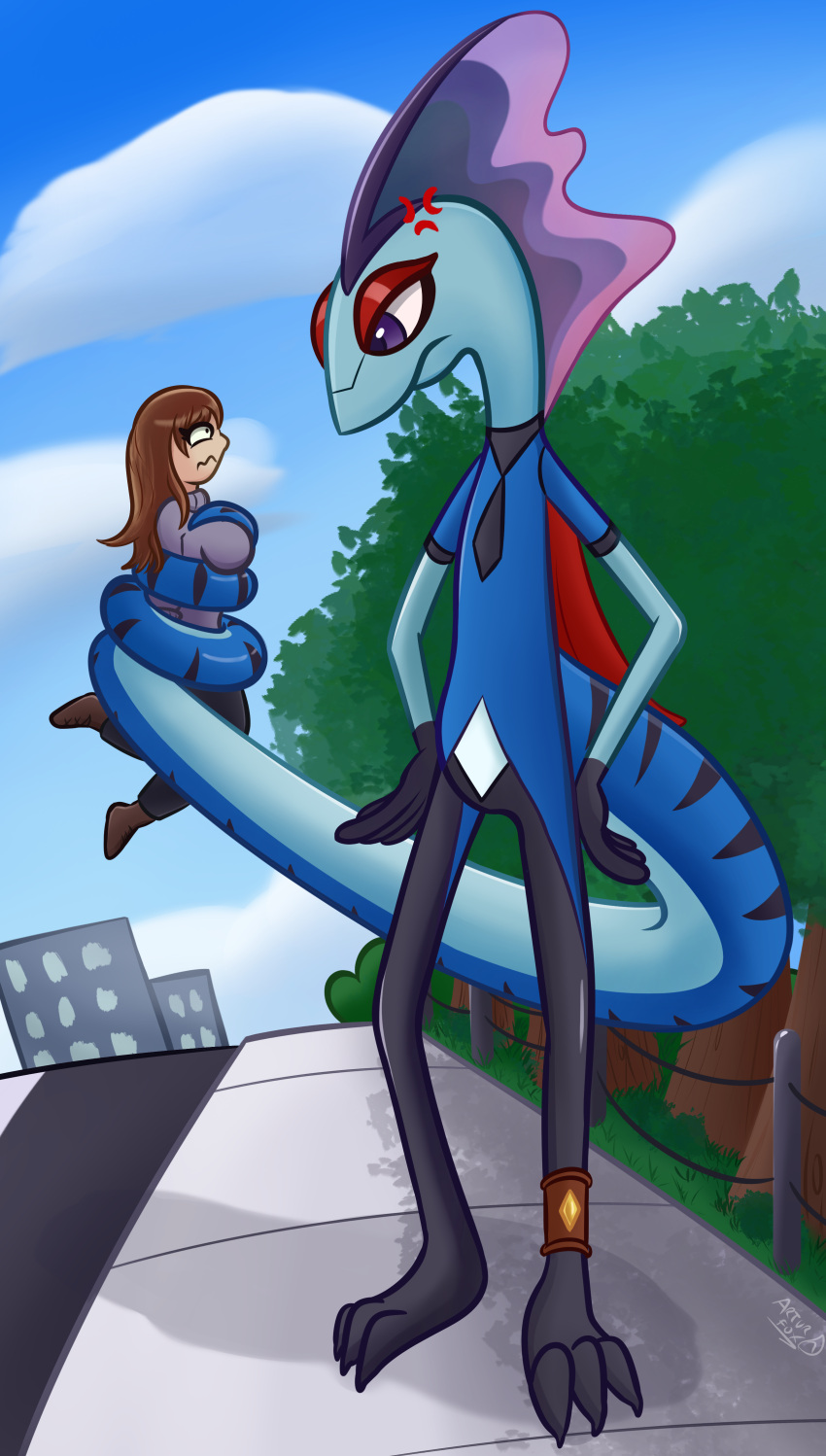 absurd_res amphibian angry animal_humanoid anthro big_(disambiguation) blue bracelet breast_play breast_squish breasts brown_hair carrying cindey cindey_cinderace cindey_inteleon difference donutella fan_character feet female generation_8_pokemon gift gigantic girly grow growing growth hair hi_res human humanoid hybrid inteleon invalid_tag jasmin_(donutella) jewelry lizard lizard_humanoid macro macro_focus male male/female mammal minimarco nintendo pokemon pokemon_(species) reptile reptile_humanoid scalie scalie_humanoid scared sfw sfw_version size squish street tail thick thick_thighs up wide_hips wrap wrapped wrapped_arms wrapped_tail wrapped_up