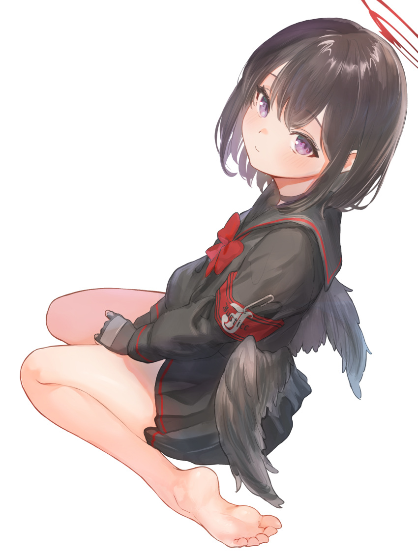 1girl absurdres armband bare_legs barefoot black_gloves black_hair black_serafuku black_wings blue_archive blush feathered_wings gloves halo highres looking_at_viewer marulire mashiro_(blue_archive) purple_eyes red_armband red_halo school_uniform serafuku short_hair simple_background sitting soles solo toes wariza white_background wings