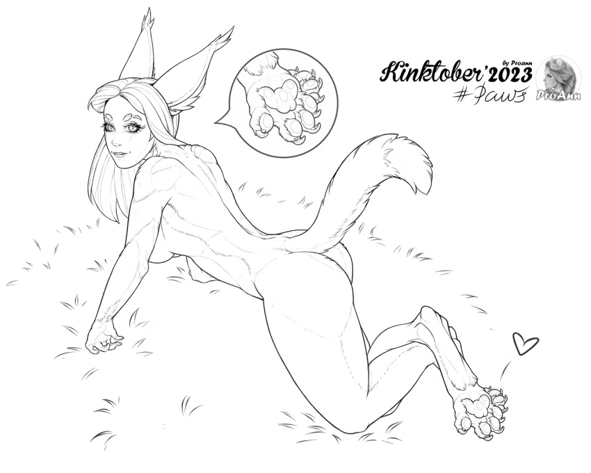 anne-marie_(savisitor) anthro big_ears breasts butt caracal caracal_(genus) claws digital_media_(artwork) domestic_cat feet felid feline felis female fur hair human hybrid kinktober line_art long_hair looking_at_viewer lynxcatgirl mammal nude pawpads paws proann simple_background sketch smile solo tail toe_claws toes tuft viewed_from_above white_background