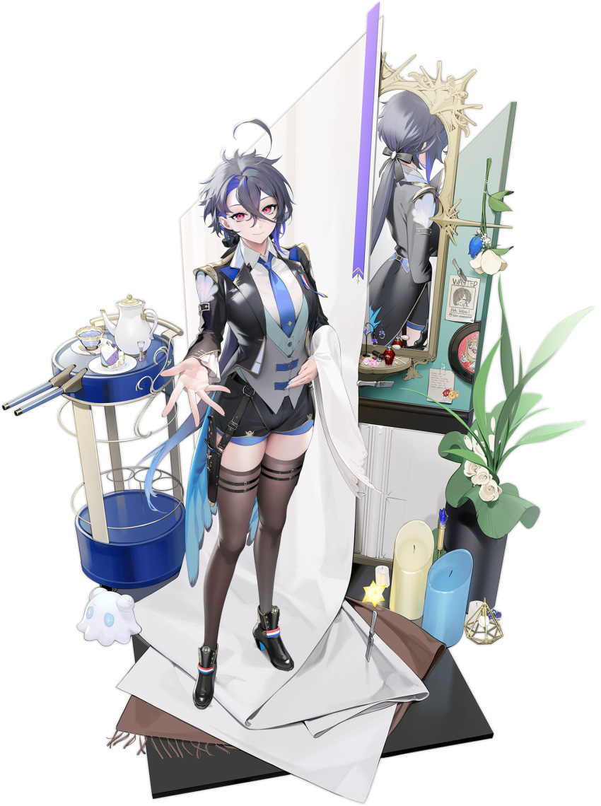 1girl ahoge ankle_boots ark_royal_(azur_lane) asymmetrical_hair azur_lane belt black_coat black_footwear black_ribbon black_shorts blue_hair blue_necktie boots bottle brown_thighhighs buttons closed_mouth coat collared_shirt colored_inner_hair crossed_bangs cup flower flower_pot foch_(azur_lane) foch_(majestic_majordomo)_(azur_lane) formal french_flag full_body hair_between_eyes hair_ornament hair_ribbon hand_on_own_stomach high_heel_boots high_heels highres indoors knife le_malin_(azur_lane) long_hair long_sleeves looking_at_viewer low_ponytail manjuu_(azur_lane) mirror multicolored_hair necktie official_alternate_costume ohisashiburi open_clothes open_coat paper parted_lips perfume_bottle plant planted planted_knife plate ponytail potted_plant purple_hair red_eyes reflection ribbon rigging shirt shoes short_shorts shorts sidelocks smile standing star_(symbol) streaked_hair suit table tailcoat teacup teapot thighhighs tomboy turret two-tone_hair vase vest wanted weapon white_flower white_shirt zettai_ryouiki