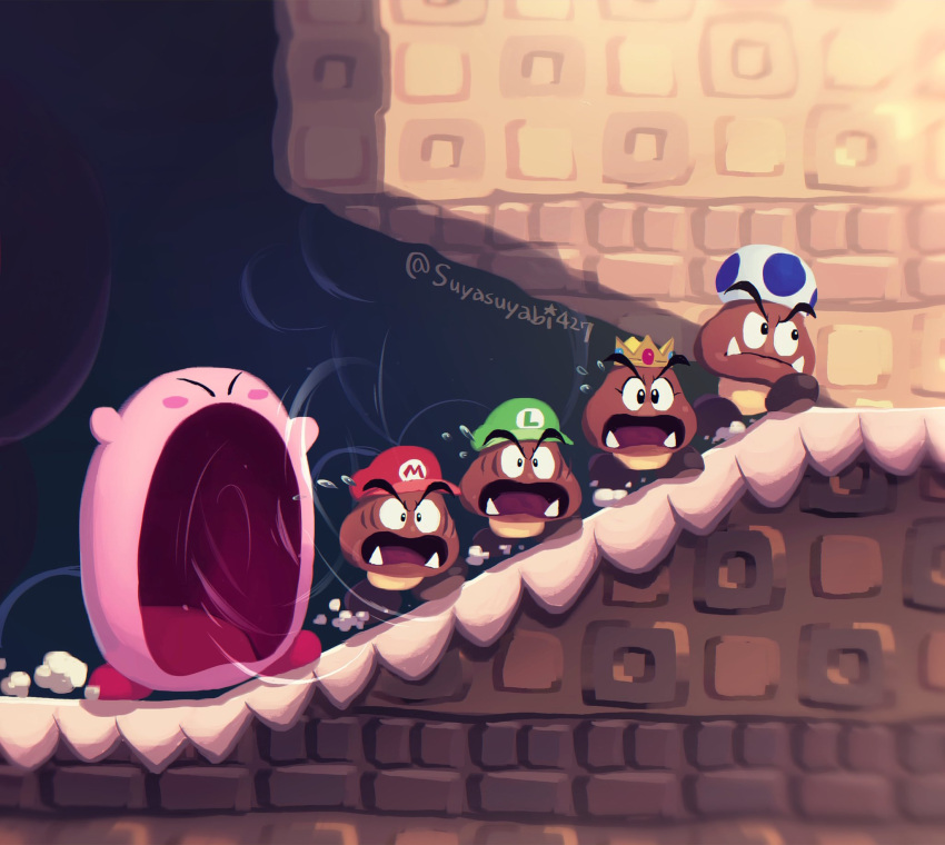 artist_name blue_toad_(mario) blush blush_stickers closed_eyes closed_mouth crown fangs flying_sweatdrops goomba green_headwear hat highres inhaling kirby kirby_(series) luigi mario mario_(series) no_humans open_mouth princess_peach red_headwear running scared shade suyasuyabi toad_(mario) twitter_username v-shaped_eyebrows wide-eyed