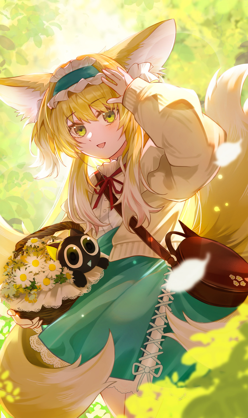 1girl absurdres animal_ear_fluff animal_ears aqua_hairband aqua_skirt arknights arm_up bag basket black_cat blonde_hair brown_bag cardigan cat chamomile chen_ying_(alan-yut) commentary_request cross-laced_clothes cross-laced_skirt cross-laced_slit crossover flower fox_ears fox_girl fox_tail frilled_hairband frills green_eyes hair_ornament hair_scrunchie hairband handbag high-waist_skirt highres kitsune kyuubi lace-trimmed_skirt lace_trim long_hair long_sleeves luo_xiaohei luo_xiaohei_zhanji multicolored_hair multiple_tails neck_ribbon official_alternate_costume open_cardigan open_clothes open_mouth partial_commentary puffy_long_sleeves puffy_sleeves red_ribbon ribbon round_bag scrunchie shirt shoulder_bag skirt sleeve_cuffs solo suzuran_(arknights) suzuran_(spring_praise)_(arknights) tail two-tone_hair white_hair white_shirt yellow_cardigan