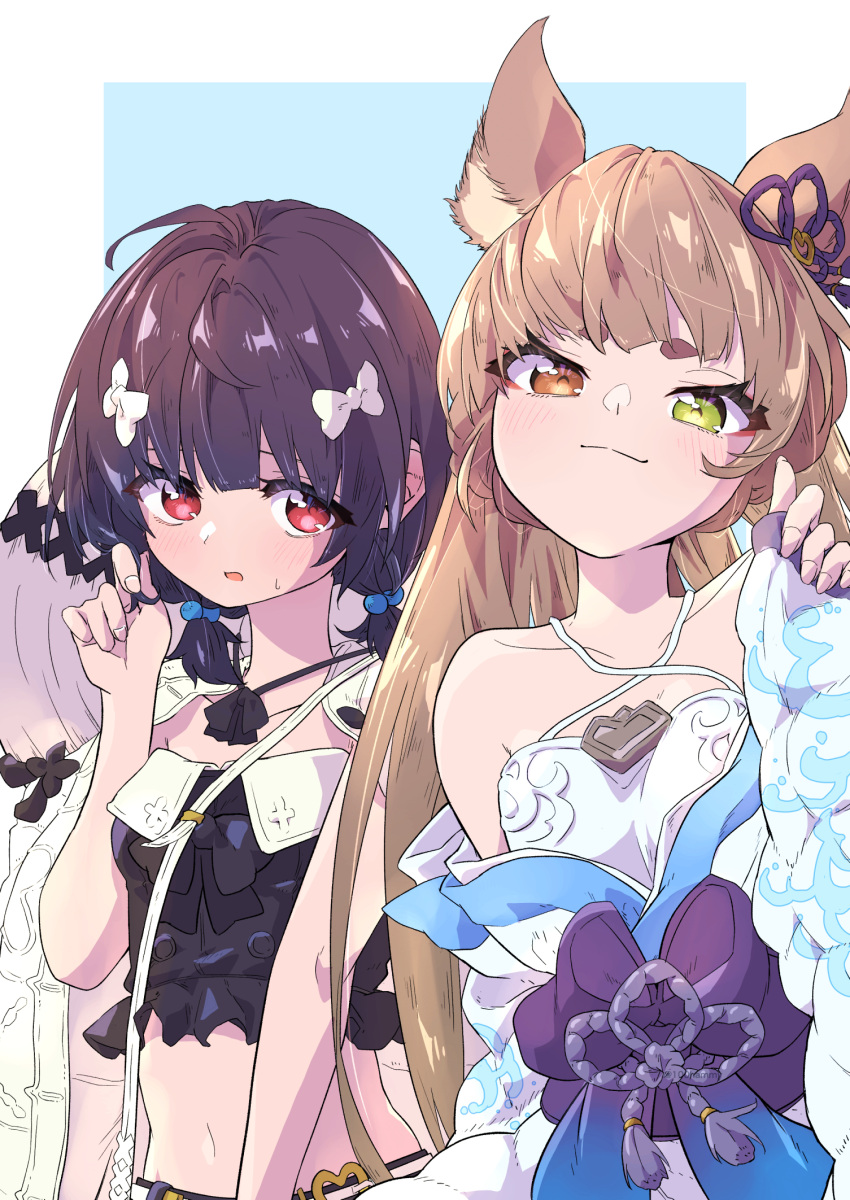 2girls animal_ears bag bare_shoulders black_shirt bow breasts brown_eyes brown_hair closed_mouth criss-cross_halter granblue_fantasy green_eyes hair_bobbles hair_bow hair_ornament hair_twirling halterneck hamioura hand_up hat_around_neck heterochromia highres japanese_clothes kimono long_hair looking_at_viewer midriff multiple_girls navel obi off_shoulder open_mouth pholia pholia_(yukata) red_eyes sash shirt short_hair short_twintails shoulder_bag sleeveless sleeveless_shirt small_breasts smile strapless strapless_shirt sweatdrop thick_eyebrows twintails upper_body vikala_(granblue_fantasy) vikala_(summer)_(granblue_fantasy) white_shirt yukata