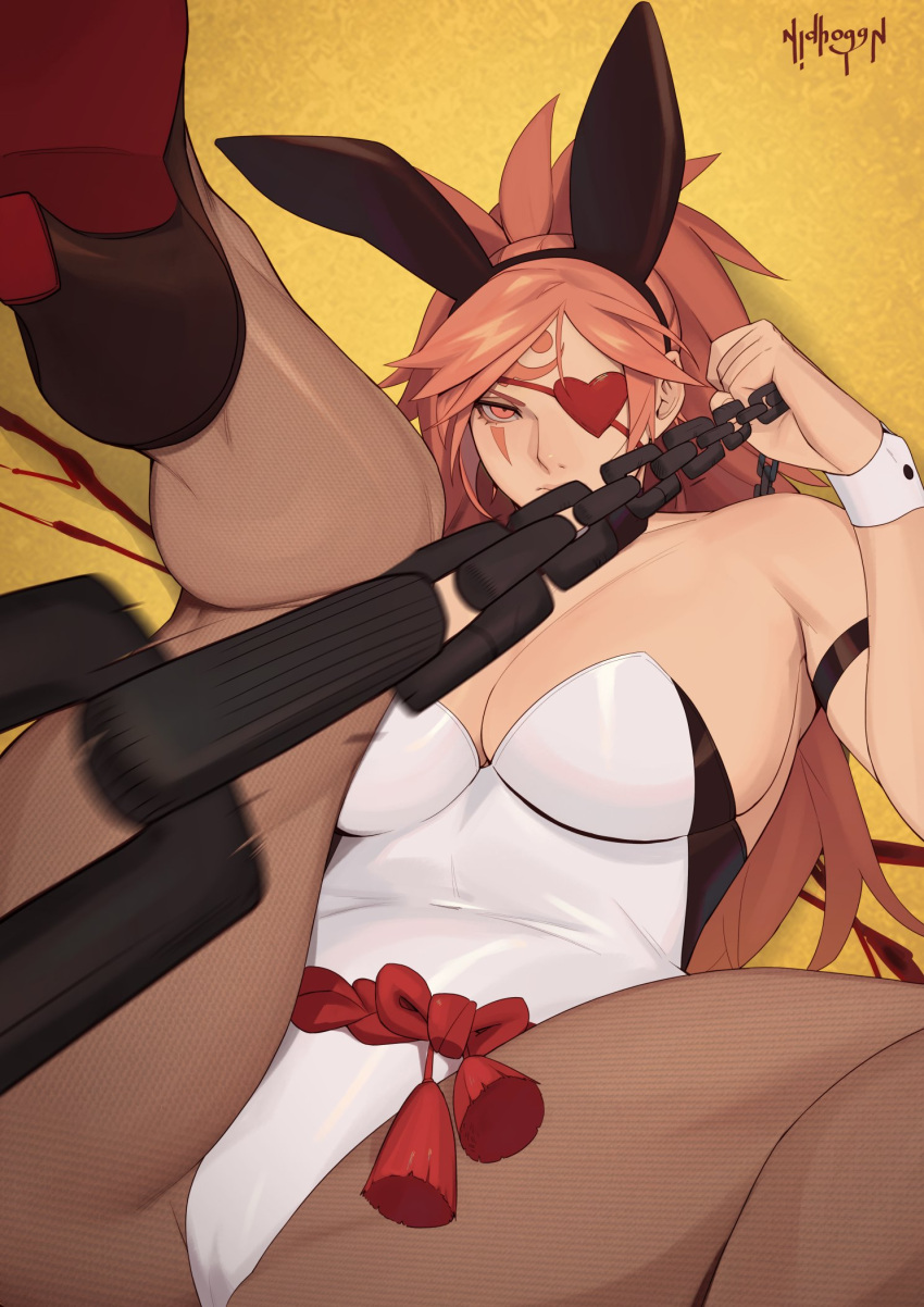 1girl animal_ears baiken breasts chain cleavage eyepatch guilty_gear heart heart_eyepatch high_heels highres incoming_attack looking_at_viewer nidhoggn pantyhose playboy_bunny rabbit_ears red_eyes red_hair