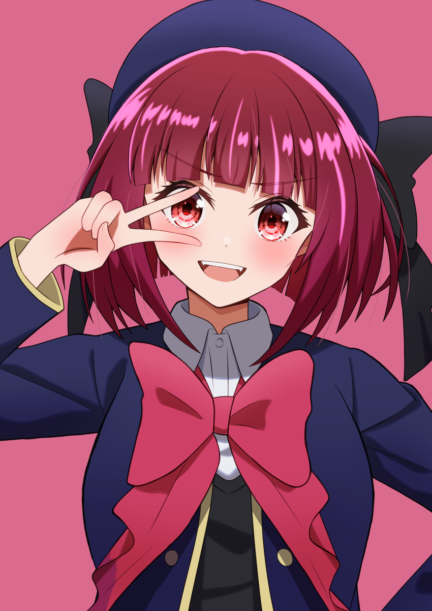 1girl absurdres arima_kana beret black_bow black_ribbon black_vest blue_headwear blue_jacket blunt_bangs blush bow buttons collared_shirt commentary hat hat_bow highres jacket long_sleeves open_mouth oshi_no_ko pink_background pink_bow pink_ribbon red_eyes red_hair ribbon school_uniform shirt simple_background smile solo teeth user_yja4775 v_over_eye vest white_shirt youtou_high_school_uniform
