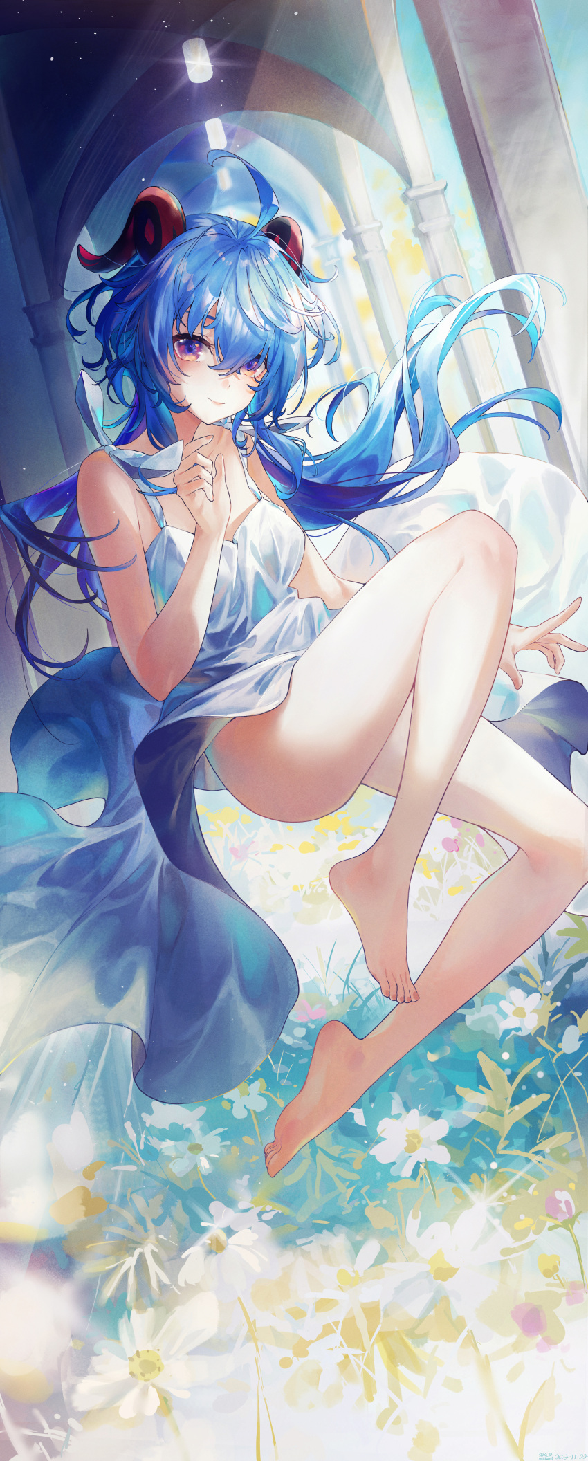 1girl absurdres ahoge arch bare_arms bare_legs barefoot blue_eyes blue_hair breasts ceiling_light character_request closed_mouth commentary crossed_bangs day dress feet fingernails floating_hair flower genshin_impact grass hair_between_eyes hand_up highres horns legs light_rays long_hair looking_at_viewer medium_breasts midair pillar pink_flower sleeveless sleeveless_dress smile soles solo sunbeam sunlight swkl:d symbol-only_commentary thighs toenails toes very_long_hair white_dress white_flower