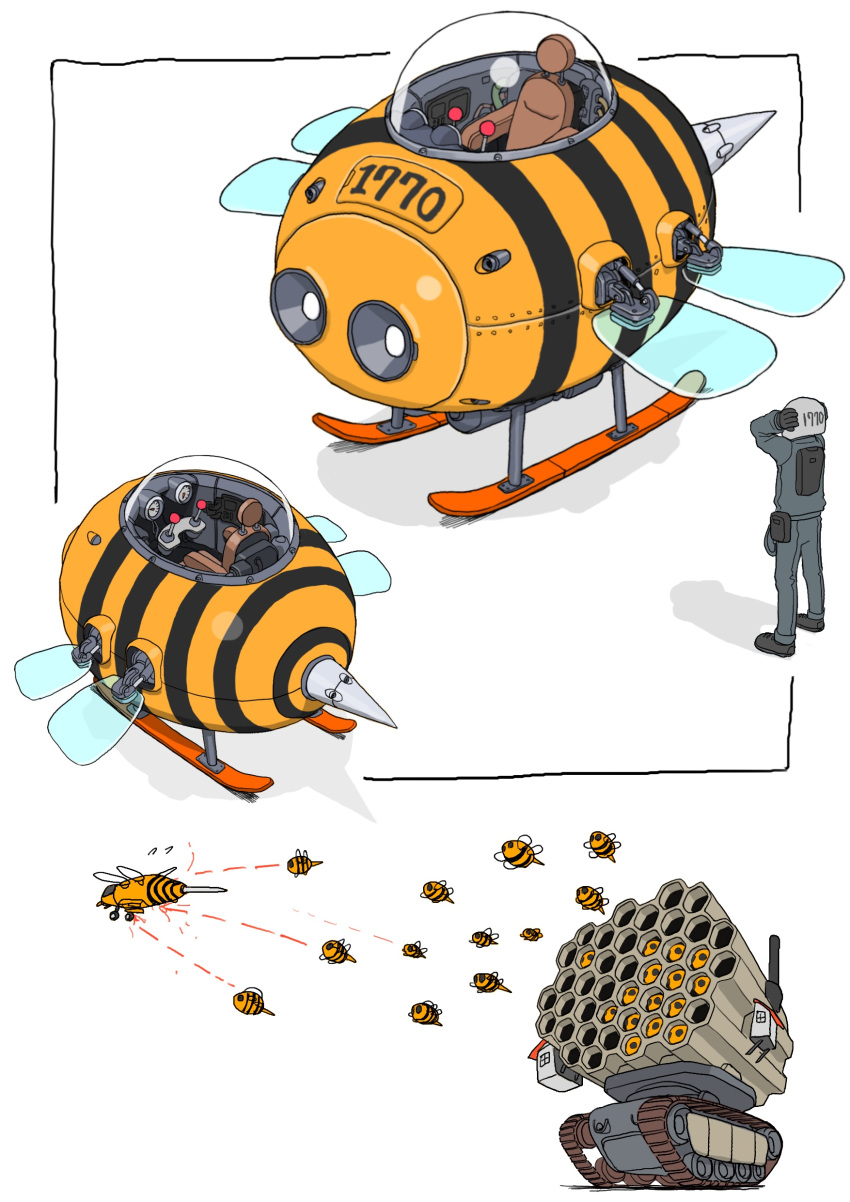 1other absurdres animal-themed_vehicle bee bug caterpillar_tracks gatling_santouhei helmet highres multiple_views original ornithopter simple_background stinger vehicle_focus white_background