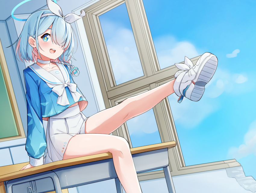 1girl :d absurdres arms_behind_back arona_(blue_archive) bare_legs blue_archive blue_eyes blue_hair blue_serafuku braid choker classroom day desk hair_over_one_eye hair_ribbon hairband halo happy highres indoors leer.meer leg_up legs looking_at_viewer medium_hair midriff midriff_peek multicolored_hair neckerchief on_desk outstretched_leg pink_hair pleated_skirt ribbon sailor_collar school_desk school_uniform serafuku single_braid sitting sitting_on_desk skirt smile solo sparkling_eyes teeth two-tone_hair upper_teeth_only white_choker white_hairband white_neckerchief white_ribbon white_skirt