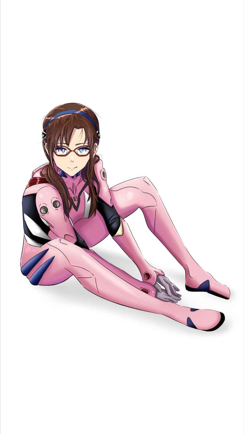 1girl absurdres blue_eyes bodysuit breasts brown_hair closed_mouth full_body glasses hairband highres interface_headset long_hair looking_at_viewer makinami_mari_illustrious marco_olier medium_breasts neon_genesis_evangelion pilot_suit pink_bodysuit plugsuit rebuild_of_evangelion red-framed_eyewear simple_background sitting smile solo twintails white_background