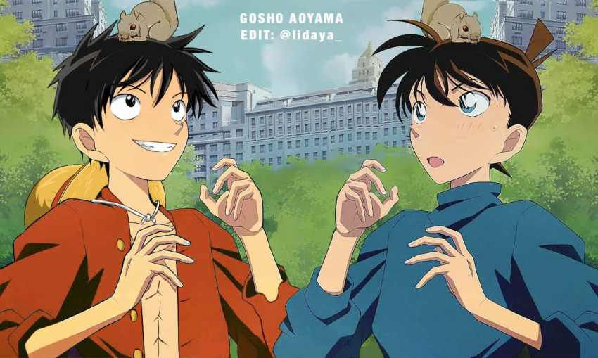 2boys animal artist_name black_hair brown_hair crossover hat hat_removed headwear_removed kudou_shin'ichi lidaya meitantei_conan monkey_d._luffy multiple_boys one_piece open_mouth scar short_hair smile squirrel