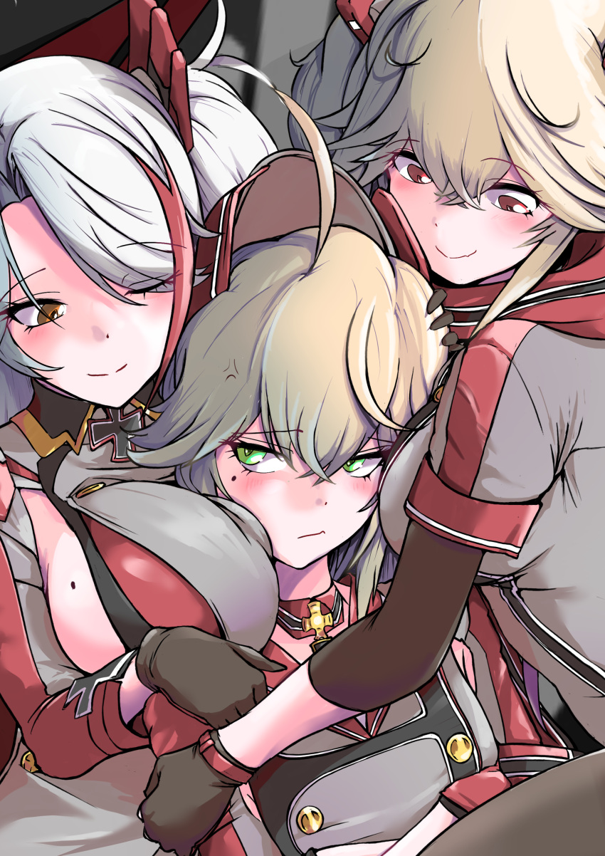 3girls absurdres admiral_hipper_(azur_lane) ahoge anger_vein azur_lane black_gloves blonde_hair bluecher_(azur_lane) blush breast_envy breasts buttons double-breasted eyes_visible_through_hair gloves green_eyes headgear highres large_breasts long_hair long_sleeves mole mole_on_breast mole_under_eye multiple_girls p.i.t.d prinz_eugen_(azur_lane) red_eyes red_hair red_scarf scarf short_sleeves sideboob twintails upper_body white_hair yellow_eyes