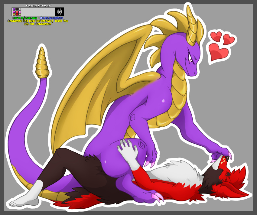 absurd_res activision anthro bestiality canid canine colored detailed dragon duo female feral from_front_position fur hands_on_legs hi_res horn humanoid kayasamix lizard lying male male/female mammal on_back one_eye_closed open_wings penetration purple_body red_body reptile reverse_missionary_position scalie sex sitting size_difference smile spread_legs spreading spyro spyro_the_dragon tail traditional_media_(artwork) vaginal vaginal_penetration wings yellow_horn yellow_wings